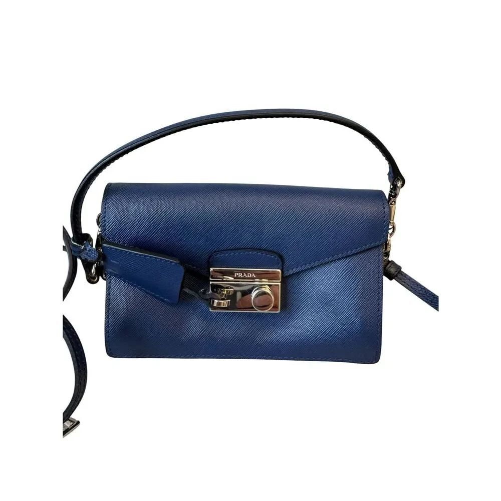 Authentic PRADA Blue Saffiano Lux Leather 2way Sound Flap Mini Crossbody Bag